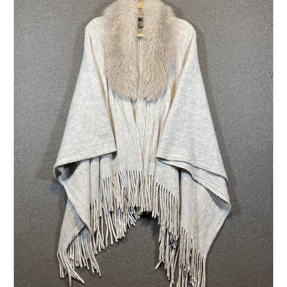 Mixit Womens Faux Fur Collar Ribbed Knit Poncho‎ Wrap Fringe Gray One Size